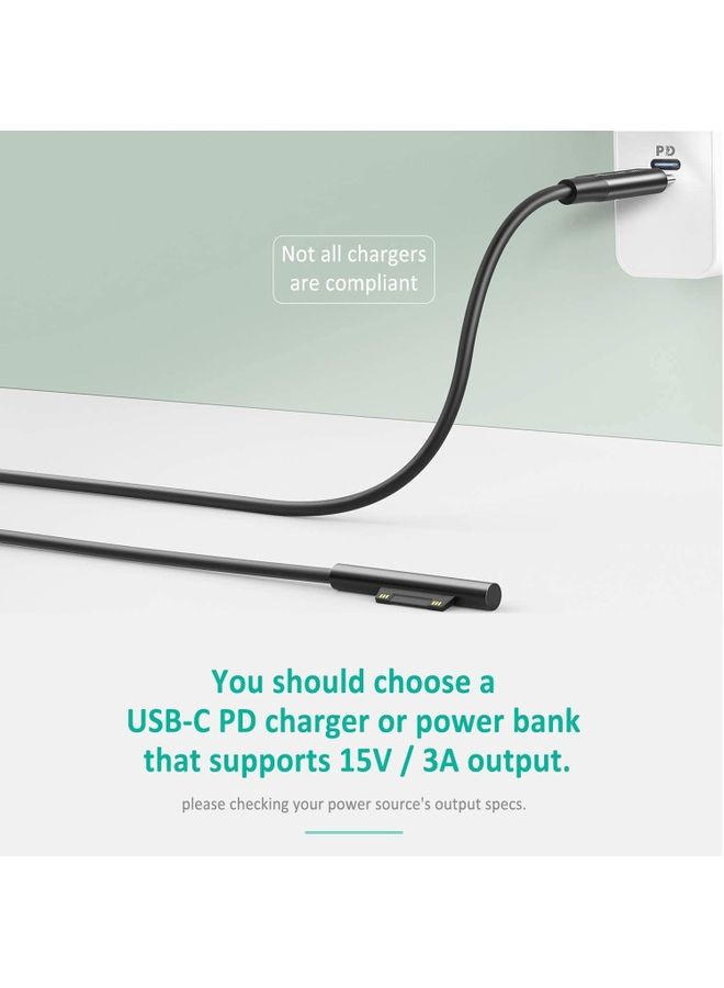 Surface to USB-C Charging Cable 15V/3A Compatible with PD Charger Type C Adapter for Microsoft Surface Pro 7/6/5/4/3 Black