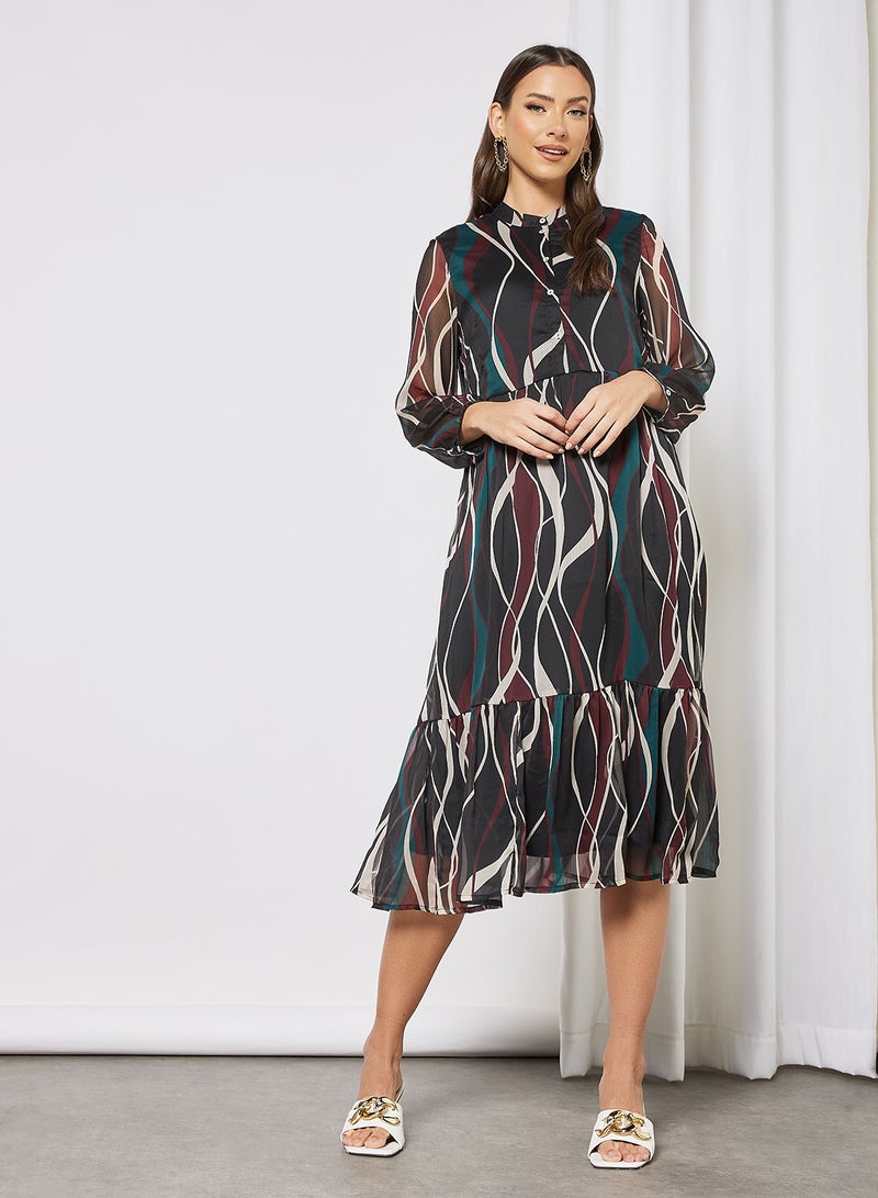 I.Scenery - Wave Print Midi Dress Black - Image 1
