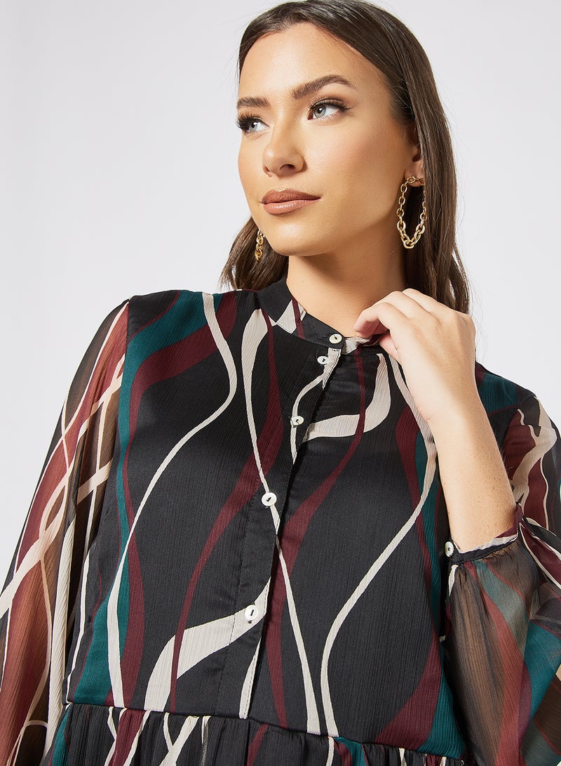 I.Scenery - Wave Print Midi Dress Black - Image 1