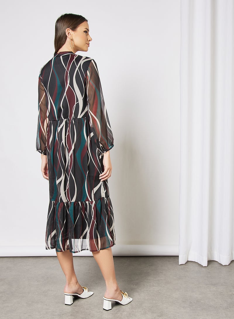 I.Scenery - Wave Print Midi Dress Black - Image 1