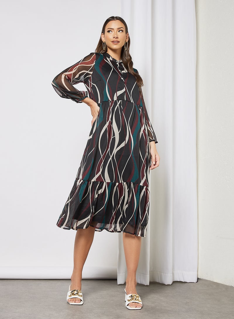 I.Scenery - Wave Print Midi Dress Black - Image 1