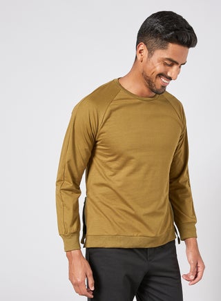 Men Casual Trendy Side Zip Strap Long Sleeves Crew Neck Pullover Sweatshirt Olive - v1635519726/N48571134V_1