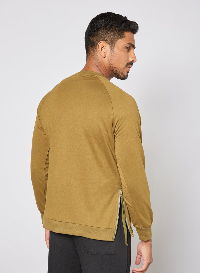 Men Casual Trendy Side Zip Strap Long Sleeves Crew Neck Pullover Sweatshirt Olive