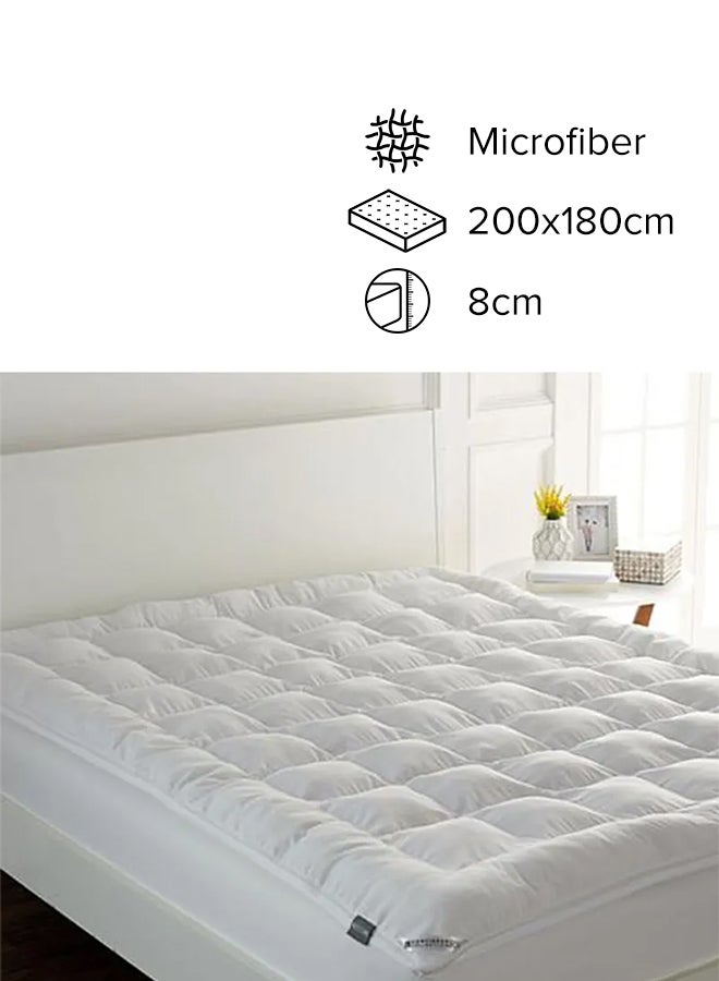 One Layer King Size Microfiber Mattress Topper 8 cm With Rubber Corner Edges Microfiber White 200x180cm 