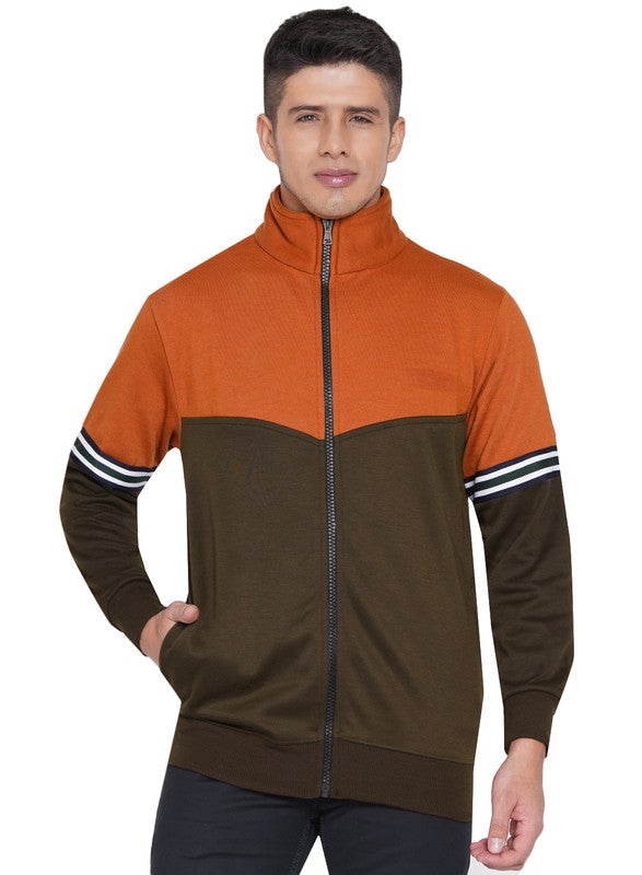 ASHTON BROWN Authentic Colourblock Pattern Full Zip Jacket Brown/Orange  - Image 1