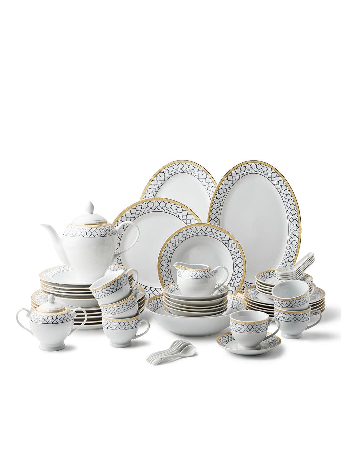 Noon East 56 Piece Porcelain Dinner Set - Dishes, Plates - Dinner Plate, Side Plate, Bowl, Cups, Serving Dish And Bowl - Serves 6 - Festive Design White/Gold Web White/Gold Web 