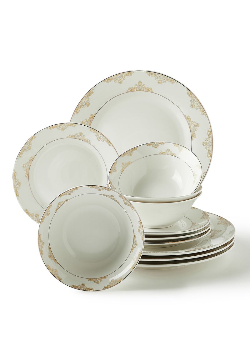 Noon East 12-Piece Porcelain Dinner Set, Plates, Dishes, Bowls, Serves 4 White - Image 1