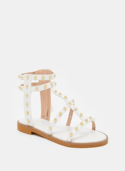shoexpress Embellished Gladiator Zip Closure And Tassel Accent Flat Sandals White/Gold