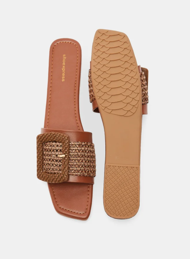 shoexpress Weave Textured Buckle Accent Flat Sandals Brown
