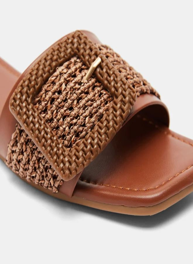 shoexpress Weave Textured Buckle Accent Flat Sandals Brown