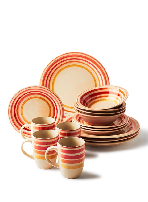16-Piece Stoneware Dinner Set Plates, Dishes, Bowls, Mugs, Serves 4 Red 4 x Dinner plates (10.5 inch) + 4 x Side plate (7.5 inch)+ 4 x Mug 11 (oz) 4 x Bowl : 7inch