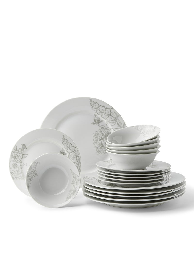 Noon East 18 Piece Porcelain Dinner Set - Dishes, Plates - Dinner Plate, Side Plate, Soup Plate - Serves 6 - Printed Design Paisley Flower White - Image 1