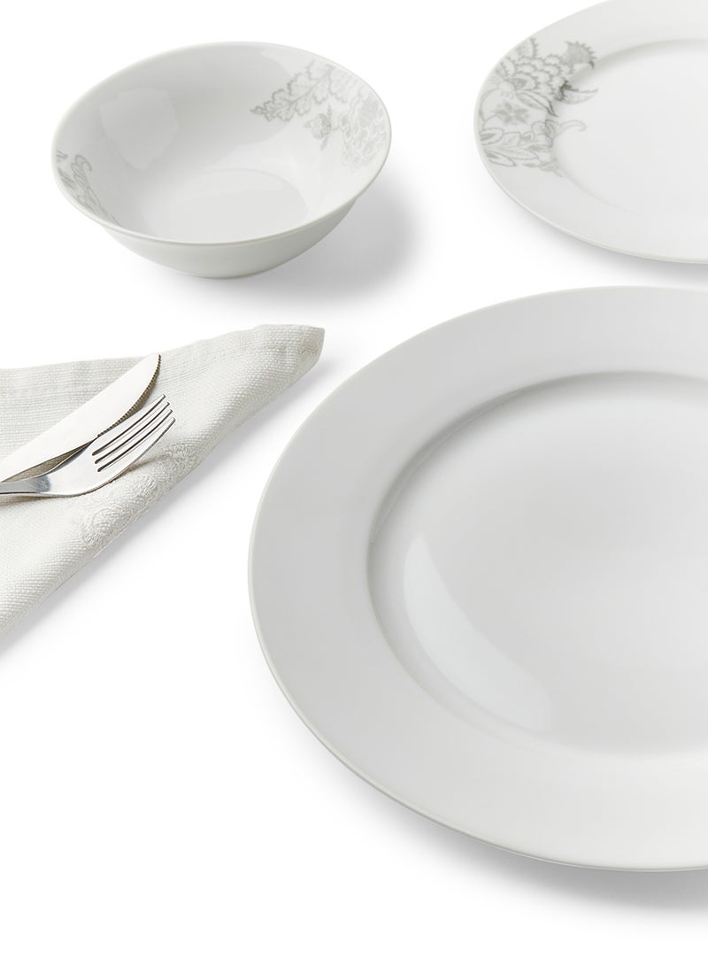 Noon East 18 Piece Porcelain Dinner Set - Dishes, Plates - Dinner Plate, Side Plate, Soup Plate - Serves 6 - Printed Design Paisley Flower White - Image 4