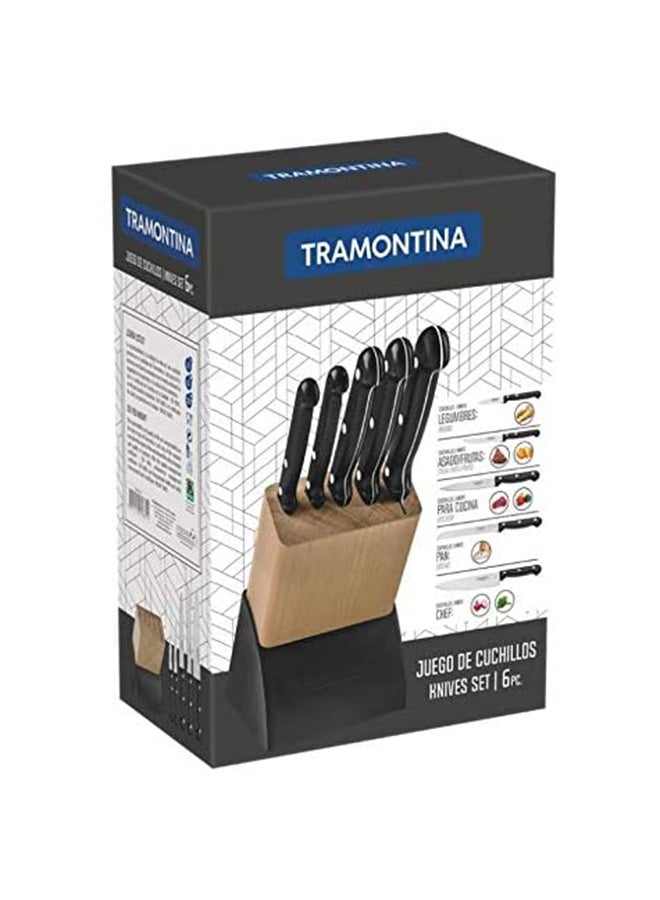TRAMONTINA 6-Piece Cutlery Set With Wooden Block Antibacterial Handles Black/Beige/Silver 25.5x14x6cm  - Image 3
