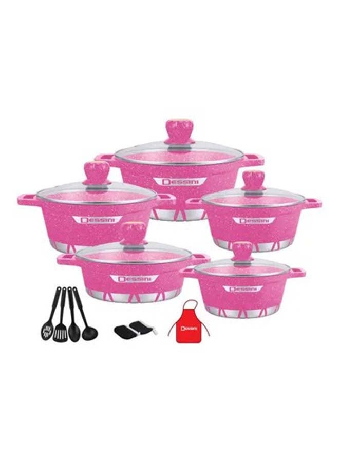 DESSINI - 17-Piece Die Casting Cookware Set Includes 1x20cm Casserole With Lid, 1x24cm Casserole With Lid, 1x28cm Casserole With Lid, 1x 32cm Casserole With Lid, 1x28cm Shallow Casserole With Lid, 7xCooking Tools Pink - Image 1