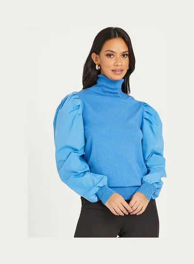 Closet By Styli Volume Sleeves Turtle Neck Regular Cardigan Blue