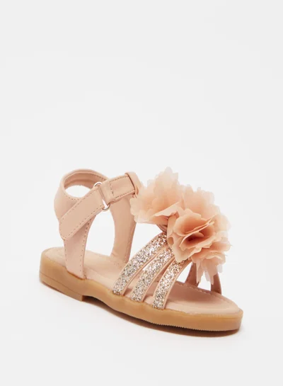 shoexpress Girls Glitter Textured Floral Casual Sandals Beige/Gold