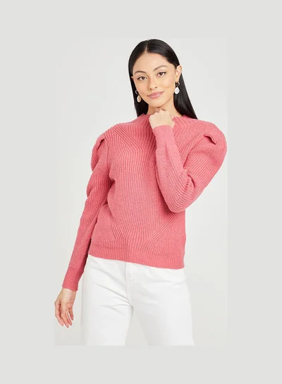 Closet By Styli Puff Sleeves Textured High Neck Knit Sweater Pink