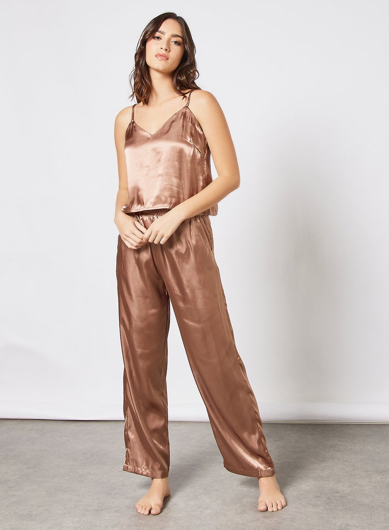 Satin Top and Pyjamas Set Brown