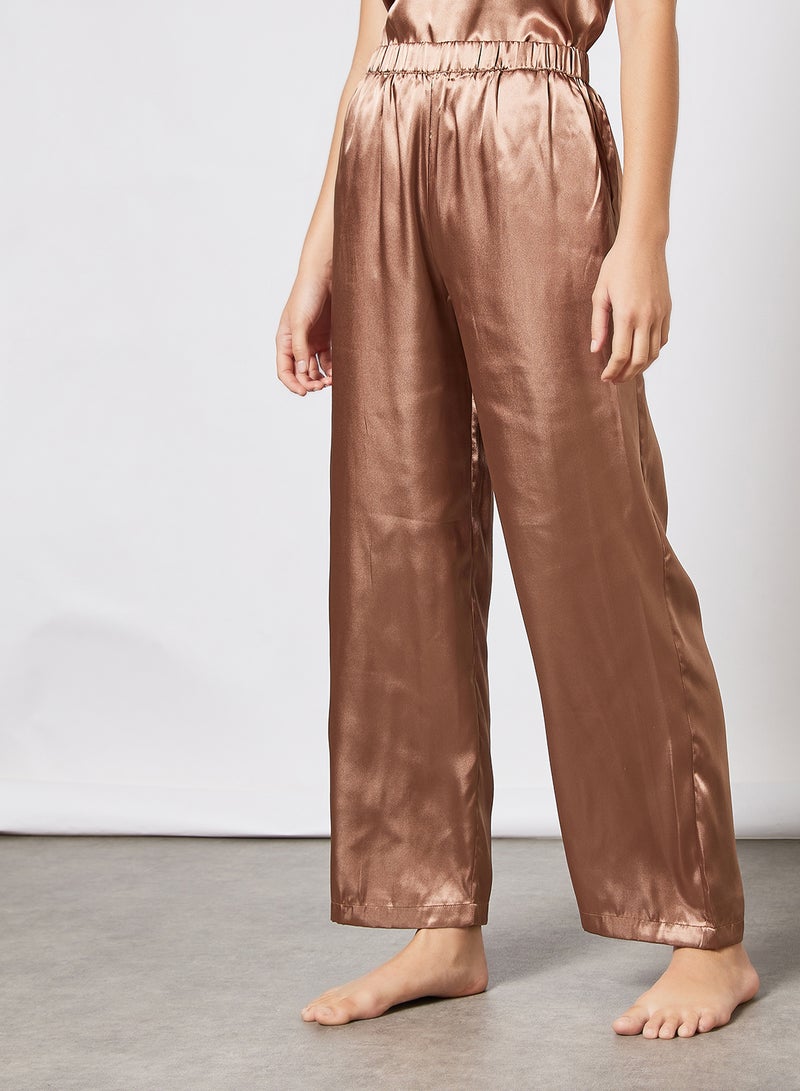 Satin Top and Pyjamas Set Brown