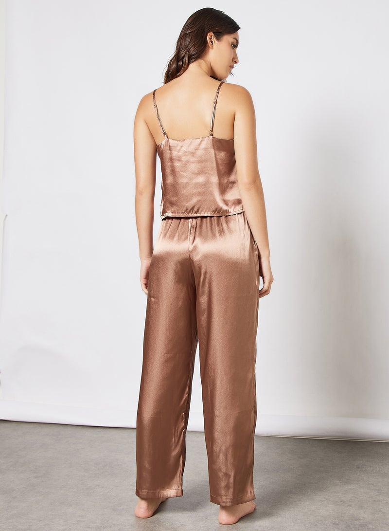 Satin Top and Pyjamas Set Brown