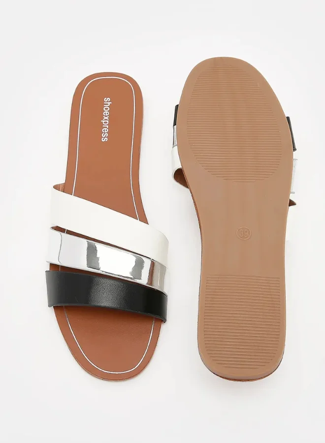 shoexpress Multi Strap Flat Sandals Silver/White/Black