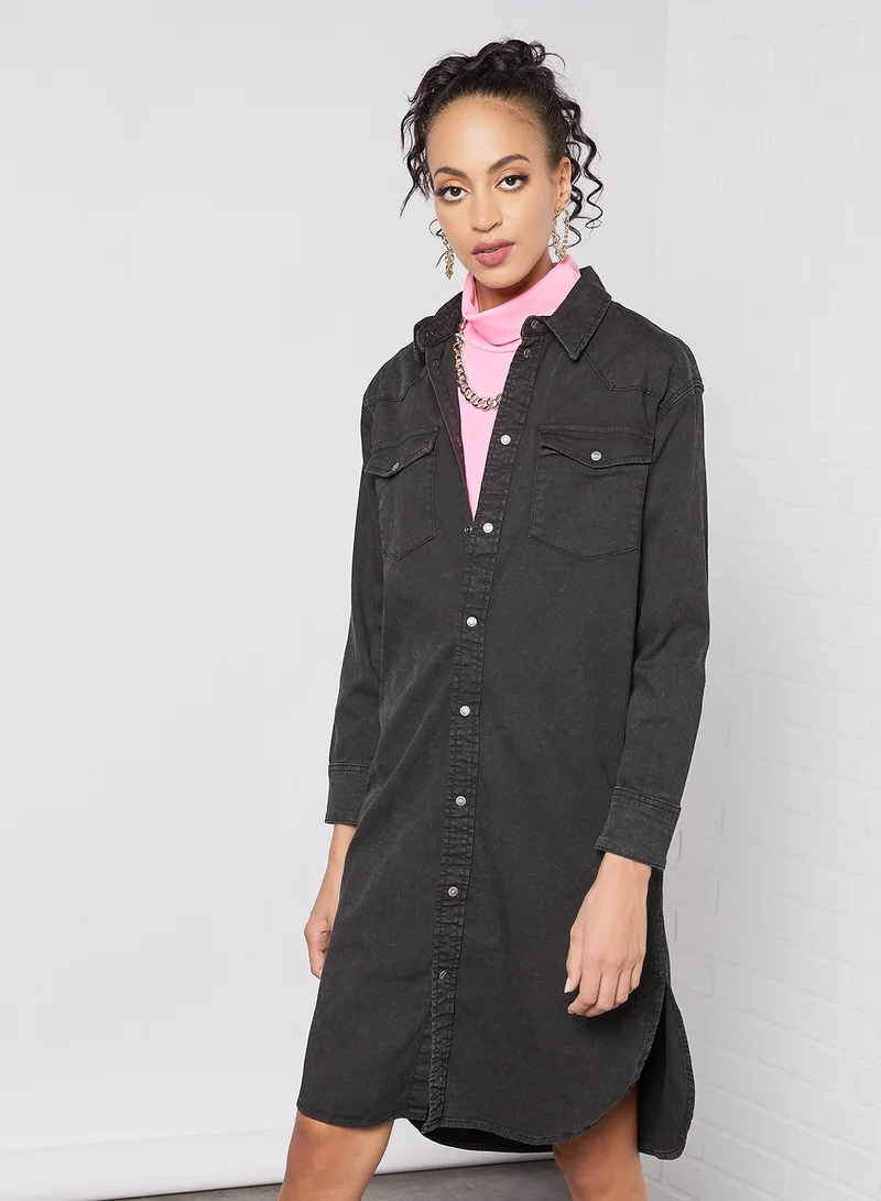 ONLY Longline Denim Shirt Dark Grey