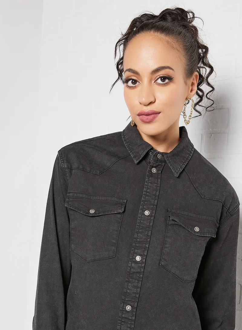 ONLY Longline Denim Shirt Dark Grey
