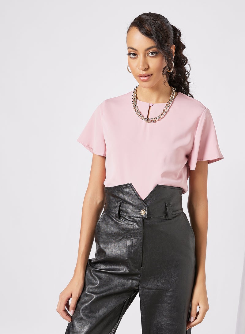 Aila Women's Casual Keyhole Neck Short Bell Sleeve Casual Top Pink  - Image 1