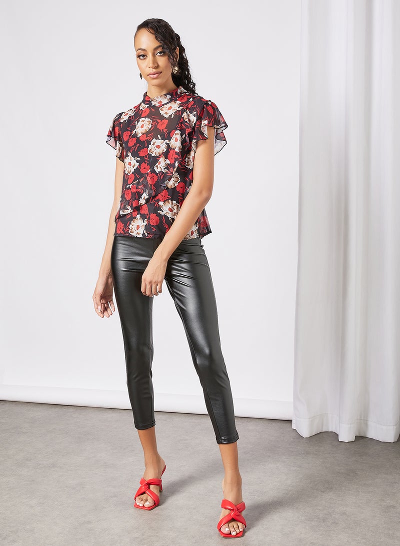 Aila Women's Casual Cap Sleeve Polyester Blend Tops With High Neck Printed Pattern With Diagonal Frill Red  - Image 2