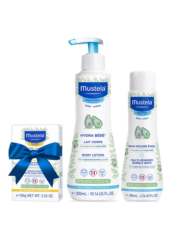 Mustela 3-Piece Baby Bathtime Fun Essentials Gentle Soap With Cold Cream And Body Lotion, Bubble Bath with Organic Avocado, 100g+200ml+300ml - Image 3