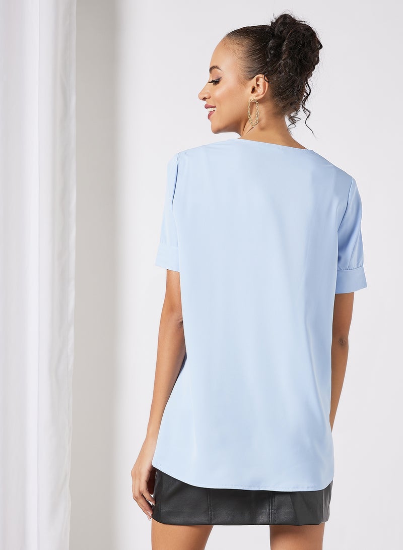 Aila Women's Casual Short Sleeve Notched Neck Tops With Side Slit Blue  - Image 4