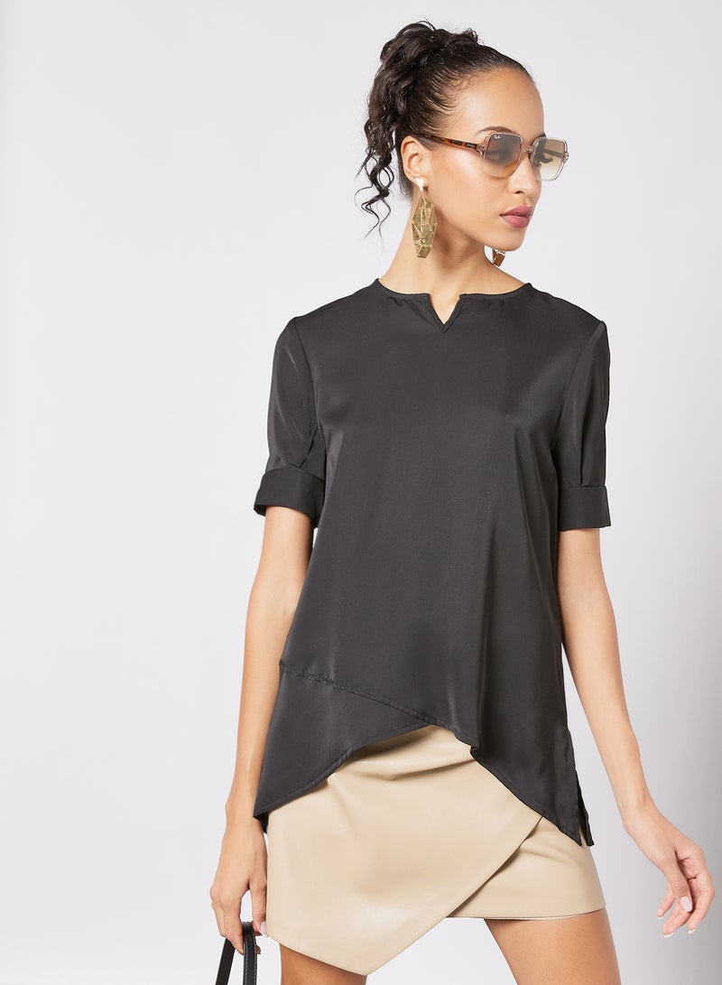 Aila - Women's Casual Short Sleeve Notched Neck Tops With Side Slit Black - Image 1