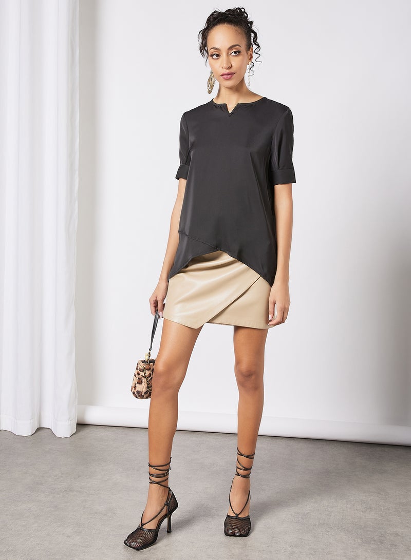 Aila - Women's Casual Short Sleeve Notched Neck Tops With Side Slit Black - Image 1