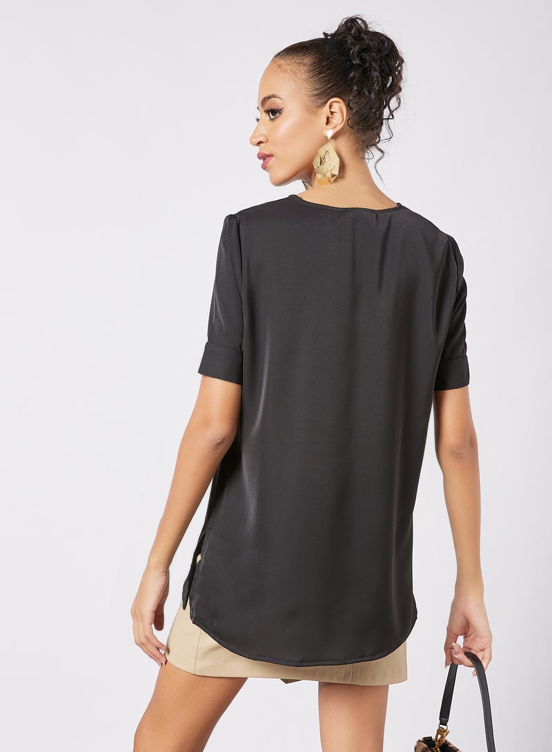 Aila - Women's Casual Short Sleeve Notched Neck Tops With Side Slit Black - Image 1