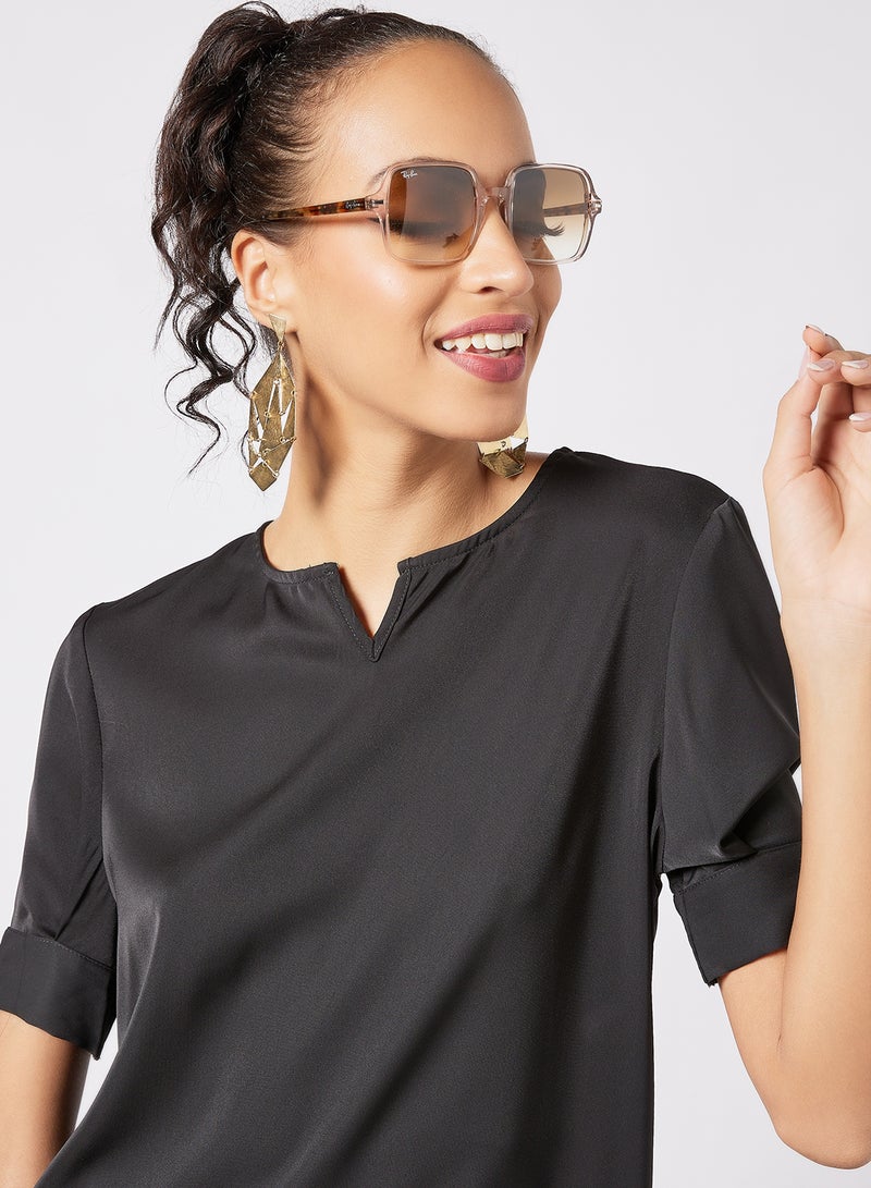 Aila - Women's Casual Short Sleeve Notched Neck Tops With Side Slit Black - Image 1