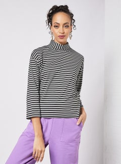 Women's Casual Turtleneck Drop-Shoulder Long Sleeve Stripes Crop Top Multicolour