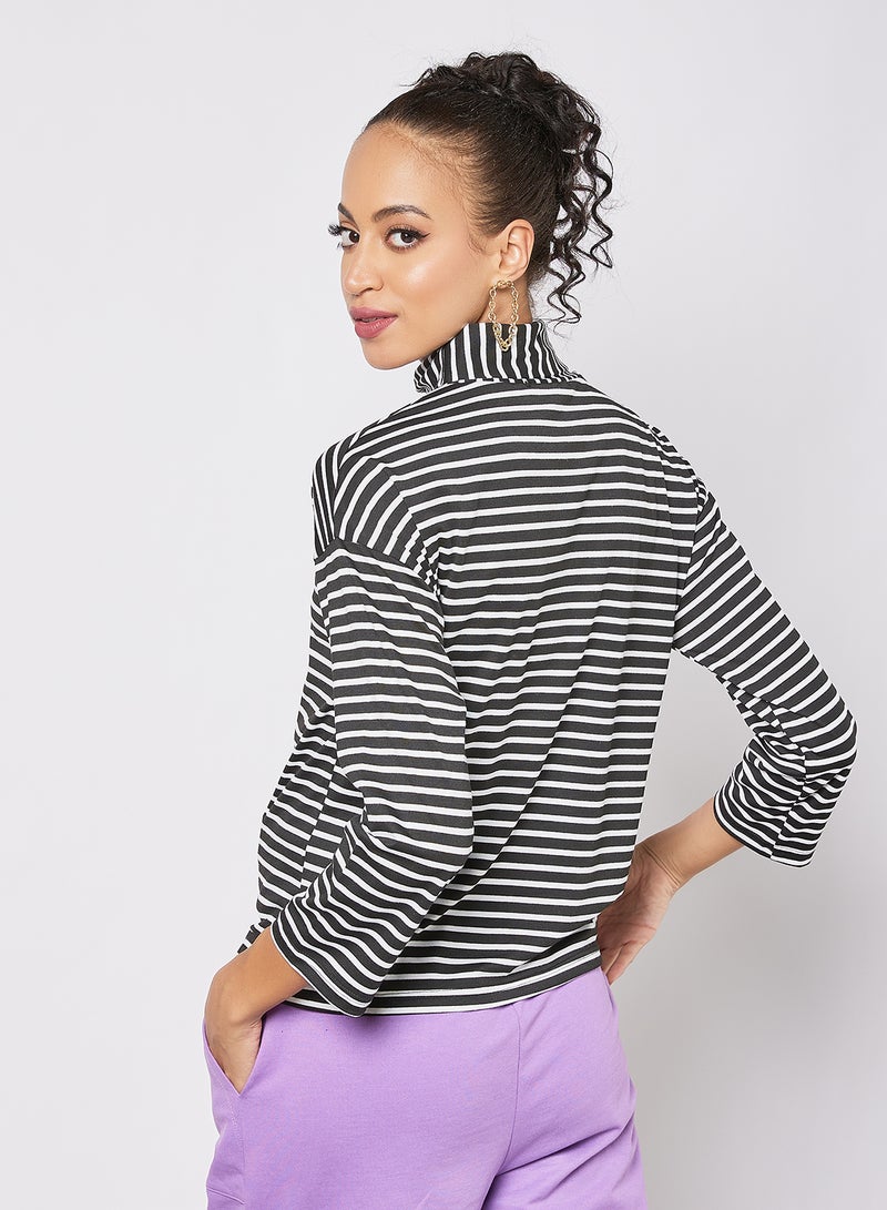 Aila - Women's Casual Turtleneck Drop-Shoulder Long Sleeve Stripes Crop Top Multicolour - Image 1