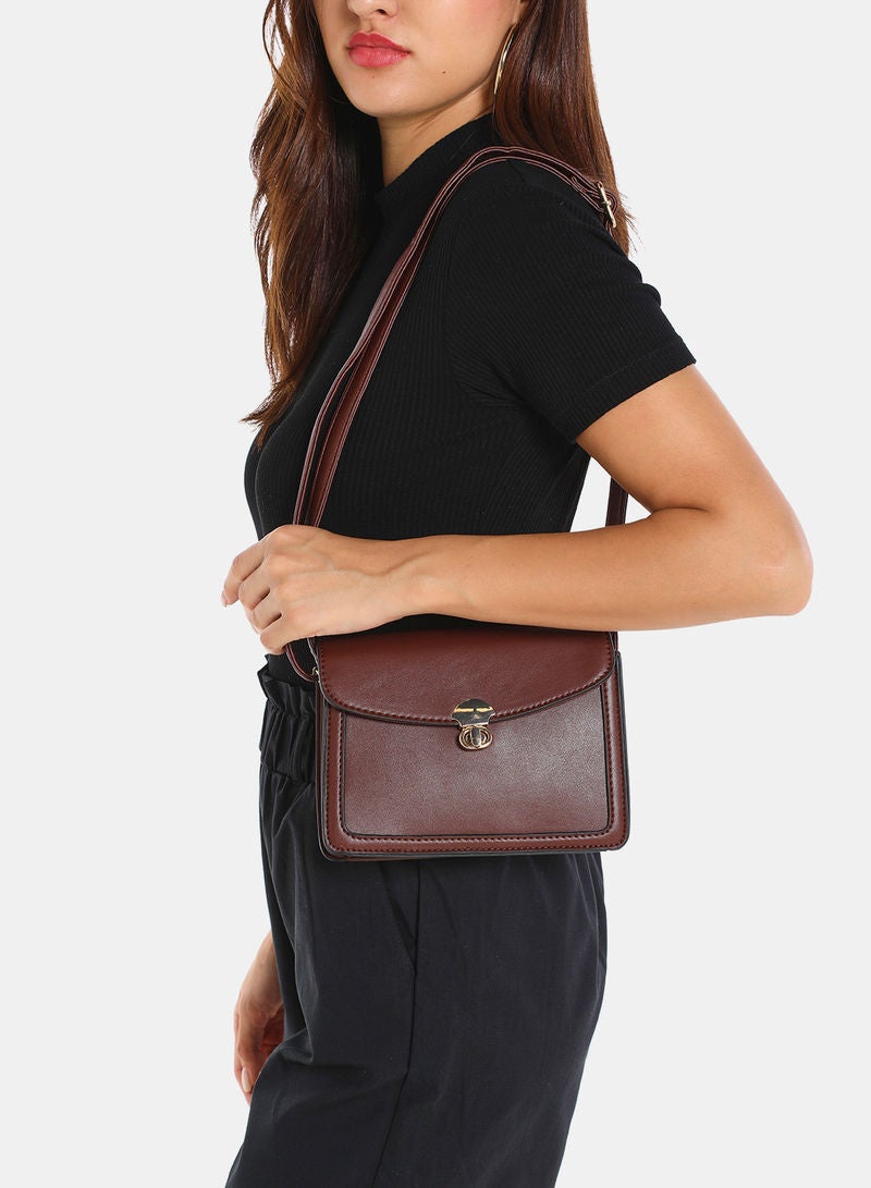 Aila - Turn Lock Mini Womens PU Shoulder Bag Brown - Image 1