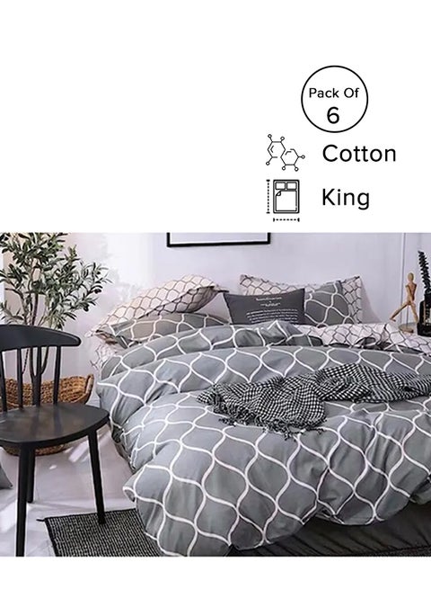 6-Piece King Size Premium Collection Super Soft Long Lasting Washable Geometric Design Bedding Duvet Set Includes 1xDuvet Cover,1xFitted Sheet 200x200+30 cm,4xPillowcases 50x75 cm Microfiber Grey/White 220x240cm