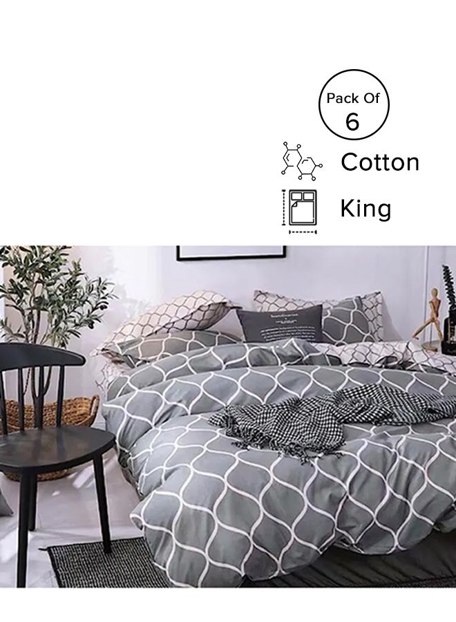 ديلز فور لس طقم أغطية سرير مقاس كينج بتصميم بنمط هندسي مكون من 6 قطع مايكروفايبر رمادي / أبيض 220x240سم - Image 1
