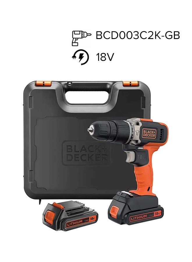 BLACK+DECKER - 18V 1.5Ah 650 RPM Combi Hammer Drill with 2 Batteries in Kitbox for Metal, Wod & Masonry Drilling & Screwdriving/Fastening, Orange/Black - BCD003C2K-GB,2 years warranty Orange/Black - Image 1