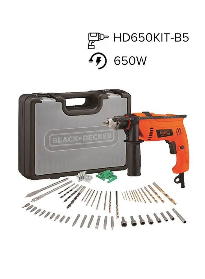 BLACK+DECKER Hammer Drill With Variable Speed For Wood, Metal And Concrete Drilling 650W+ 50-Pieces Accessories Bits Set In Kitbox HD650KIT-B5 Orange/Black 10x12x11cm 