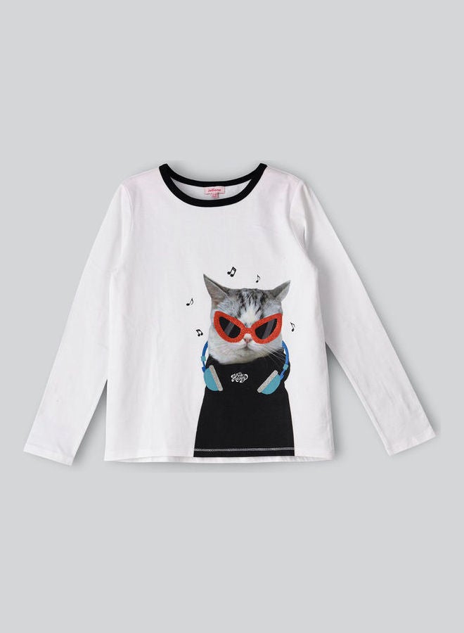 Jelliene Contrast Piping At Neck Full Sleeve T-Shirt Ivory - Image 1