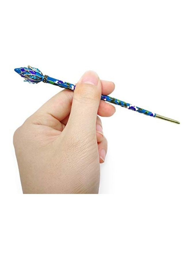 HONBAY Cloisonn Vintage Hair Stick With Lotus Chinese Traditional Style Blue 15cm  - Image 3