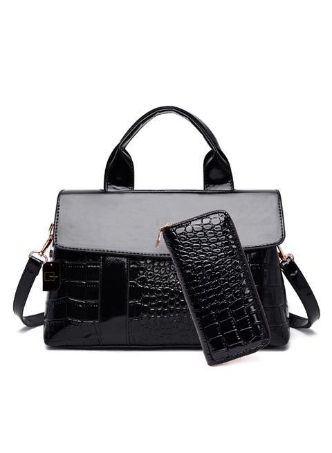 2-Piece Crocodile Pattern Satchel And Clutch Set Black