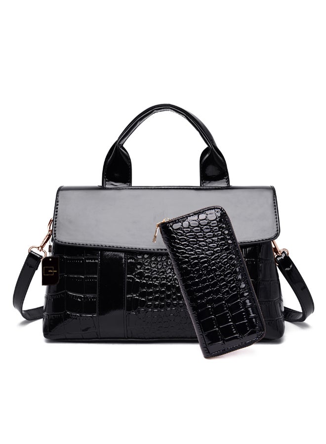 Sharpdo - 2-Piece Crocodile Pattern Satchel And Clutch Set Black - Image 1