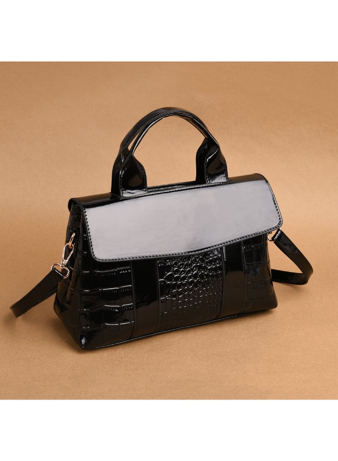 Sharpdo - 2-Piece Crocodile Pattern Satchel And Clutch Set Black - Image 1