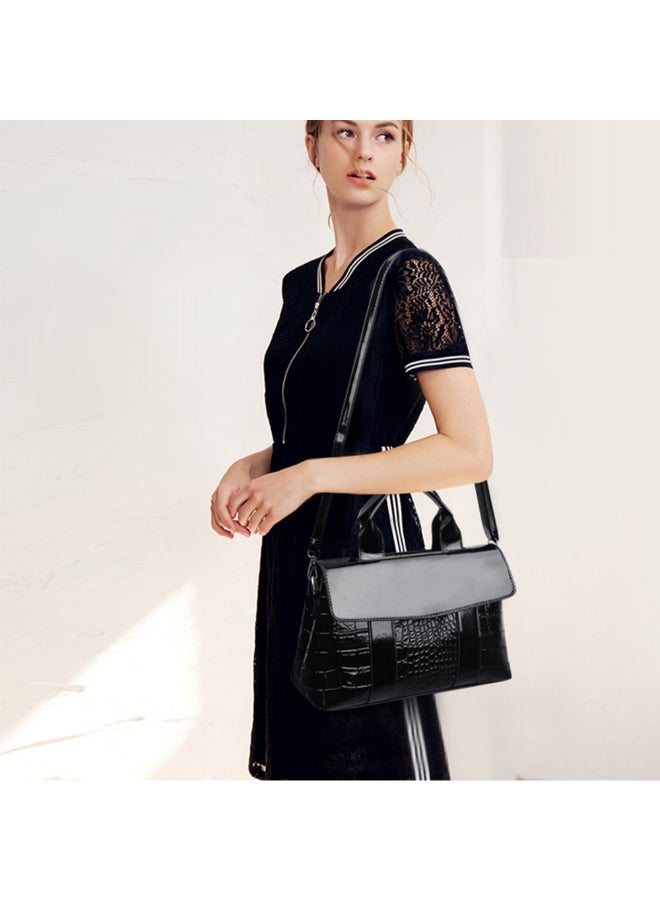 Sharpdo - 2-Piece Crocodile Pattern Satchel And Clutch Set Black - Image 1
