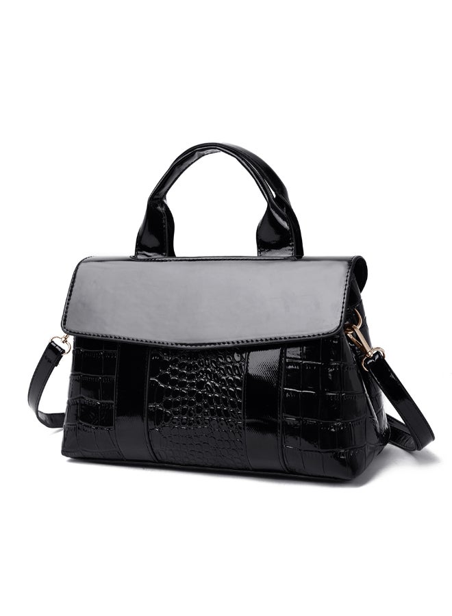 Sharpdo - 2-Piece Crocodile Pattern Satchel And Clutch Set Black - Image 1